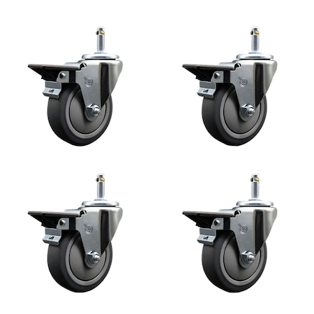 Service Caster 4'' Thermo Rubber Swivel 7/16'' Grip Ring Stem Caster Set with Brake, 4PK SCC-GR20S414-TPRB-PLB-716138-4